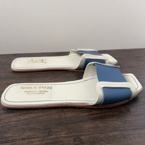 Blue White Square Toe Slide Sandals Coastal Size 9